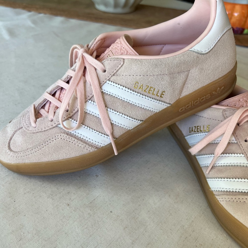 Adidas Gazelle Blush and White suede sneakers.